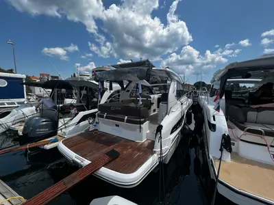Deck of Palermo, a Bavaria 33 Sport HT motorboat at Grad Pula, Croatia