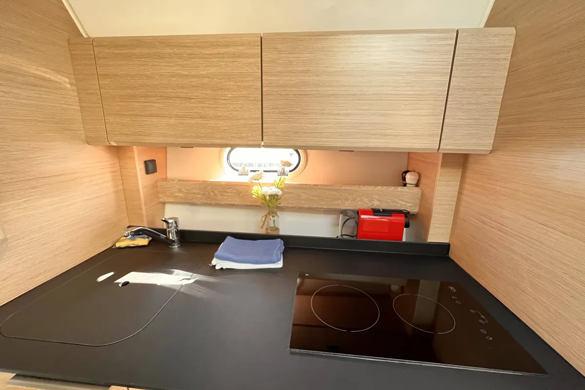 Galley of Palermo, a Bavaria 33 Sport HT motorboat at Grad Pula, Croatia