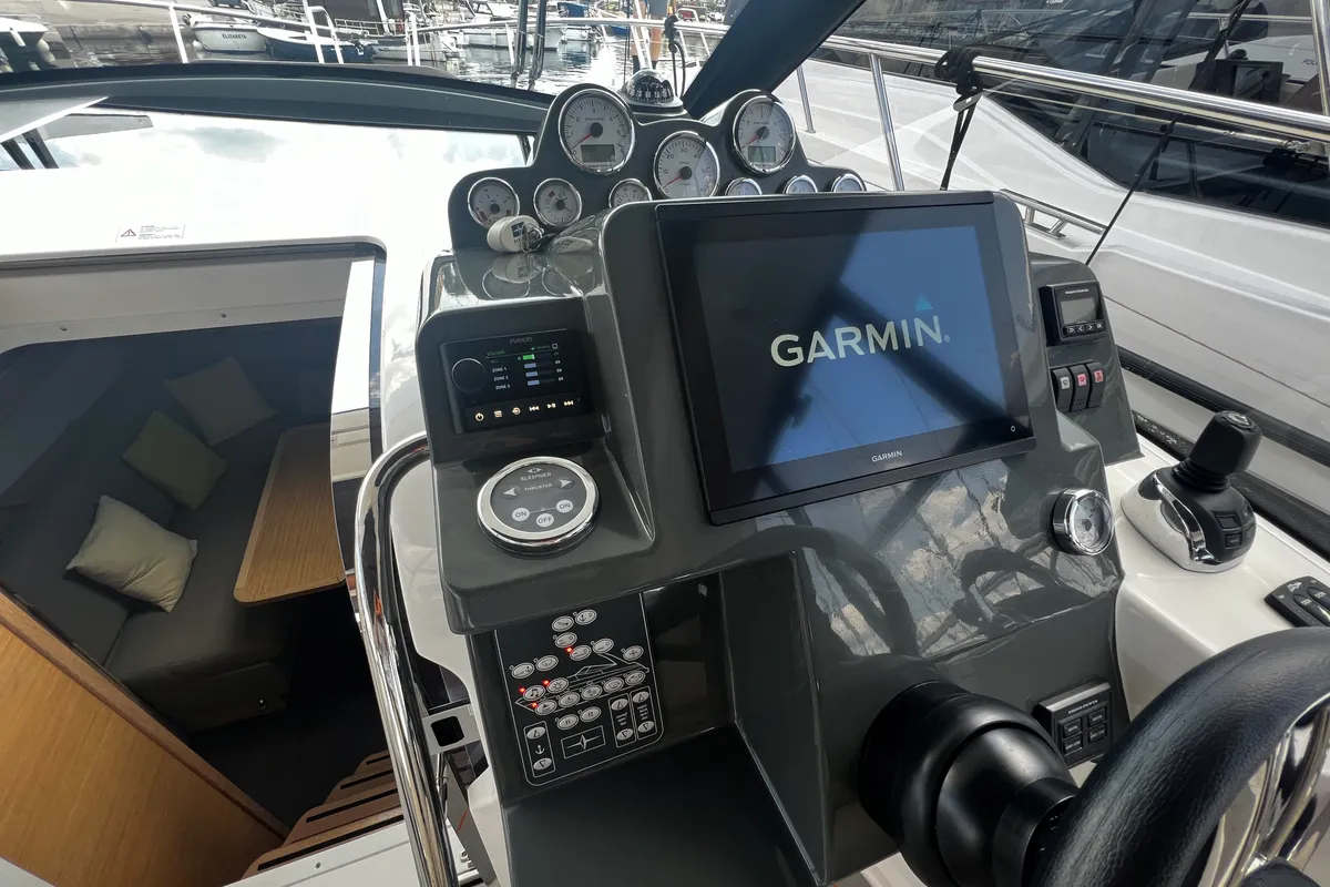 Cockpit of Palermo, a Bavaria 33 Sport HT motorboat at Grad Pula, Croatia