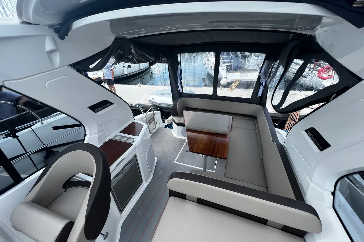 Cockpit of Palermo, a Bavaria 33 Sport HT motorboat at Grad Pula, Croatia
