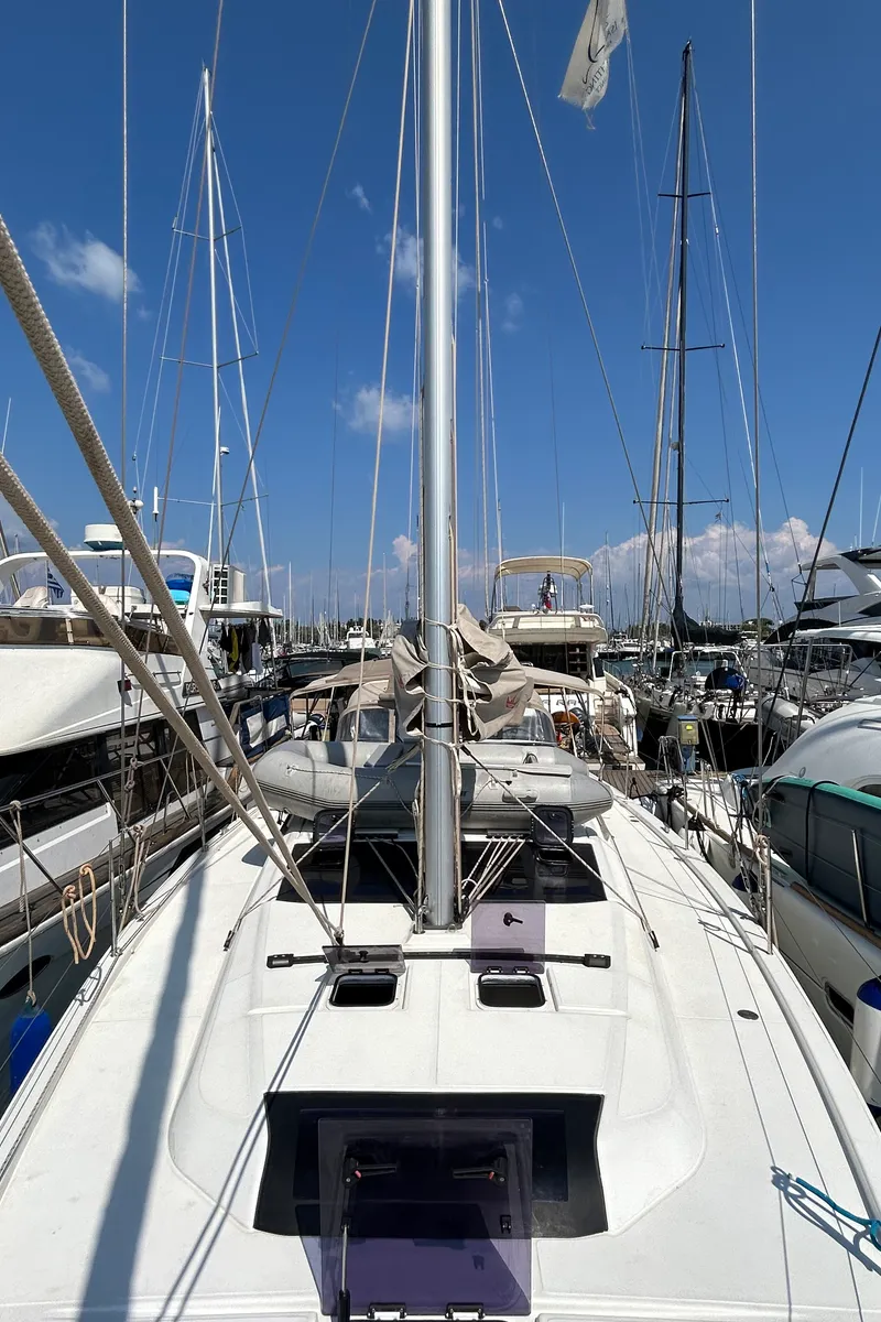 Deck of Echo II, a Dufour 430 GL sailboat at Kontokali, Greece