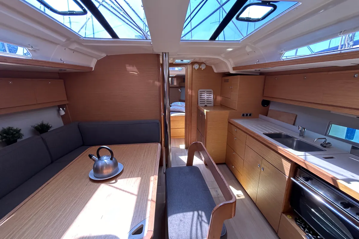 Salon of Echo II, a Dufour 430 GL sailboat at Kontokali, Greece
