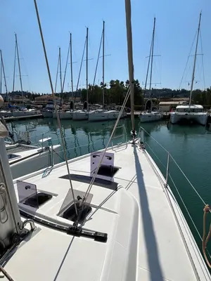 Deck of Echo II, a Dufour 430 GL sailboat at Kontokali, Greece