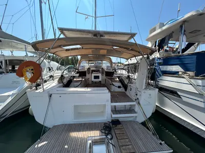Cockpit of Echo II, a Dufour 430 GL sailboat at Kontokali, Greece