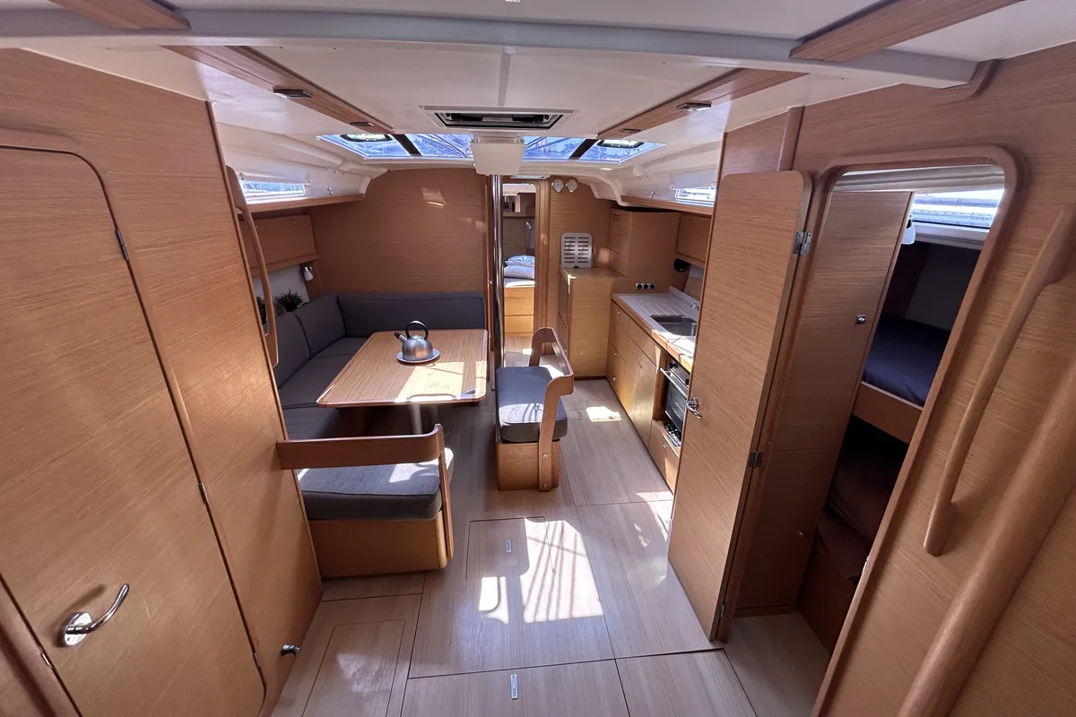 Salon of Echo II, a Dufour 430 GL sailboat at Kontokali, Greece