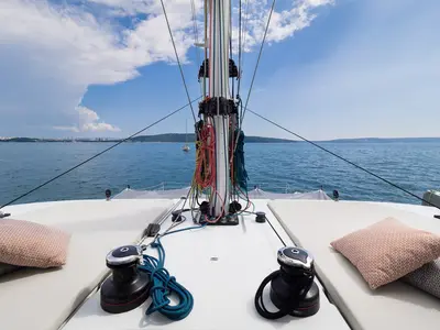 Deck of Sweet Dreams, a Sunreef 50 catamaran at Kaštela, Croatia