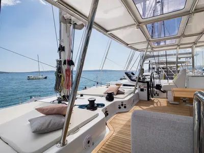Cockpit of Sweet Dreams, a Sunreef 50 catamaran at Kaštela, Croatia