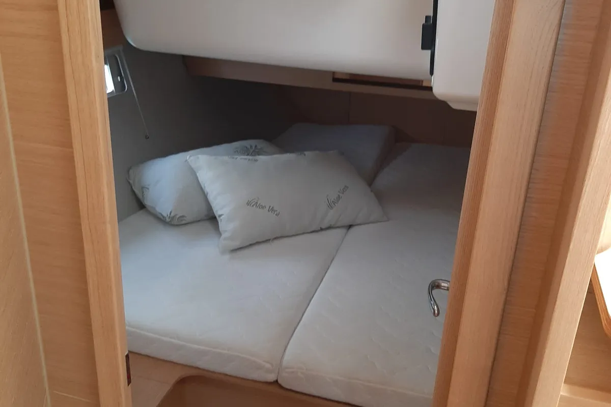 Cabin on Inycum, a Dufour 390 GL sailboat at Tonnarella, Italy