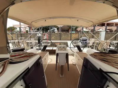 Cockpit of Inycum, a Dufour 390 GL sailboat at Tonnarella, Italy