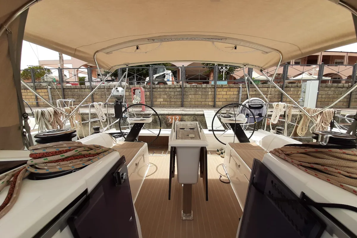 Cockpit of Inycum, a Dufour 390 GL sailboat at Tonnarella, Italy