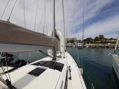 Deck of Inycum, a Dufour 390 GL sailboat at Tonnarella, Italy