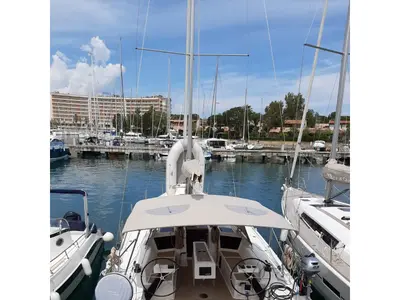 Cockpit of Dufour 390 GL, a sailboat at Tonnarella, Italy