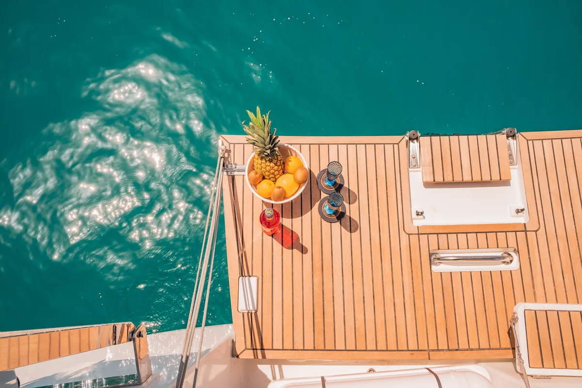 Deck of Notus, a Jeanneau Sun Odyssey 490 sailboat at Athens, Greece