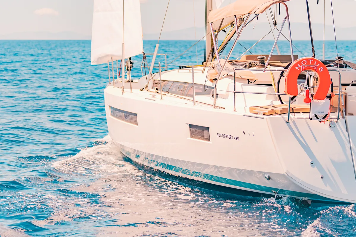 Exterior view of Notus, a Jeanneau Sun Odyssey 490 sailboat at Athens, Greece
