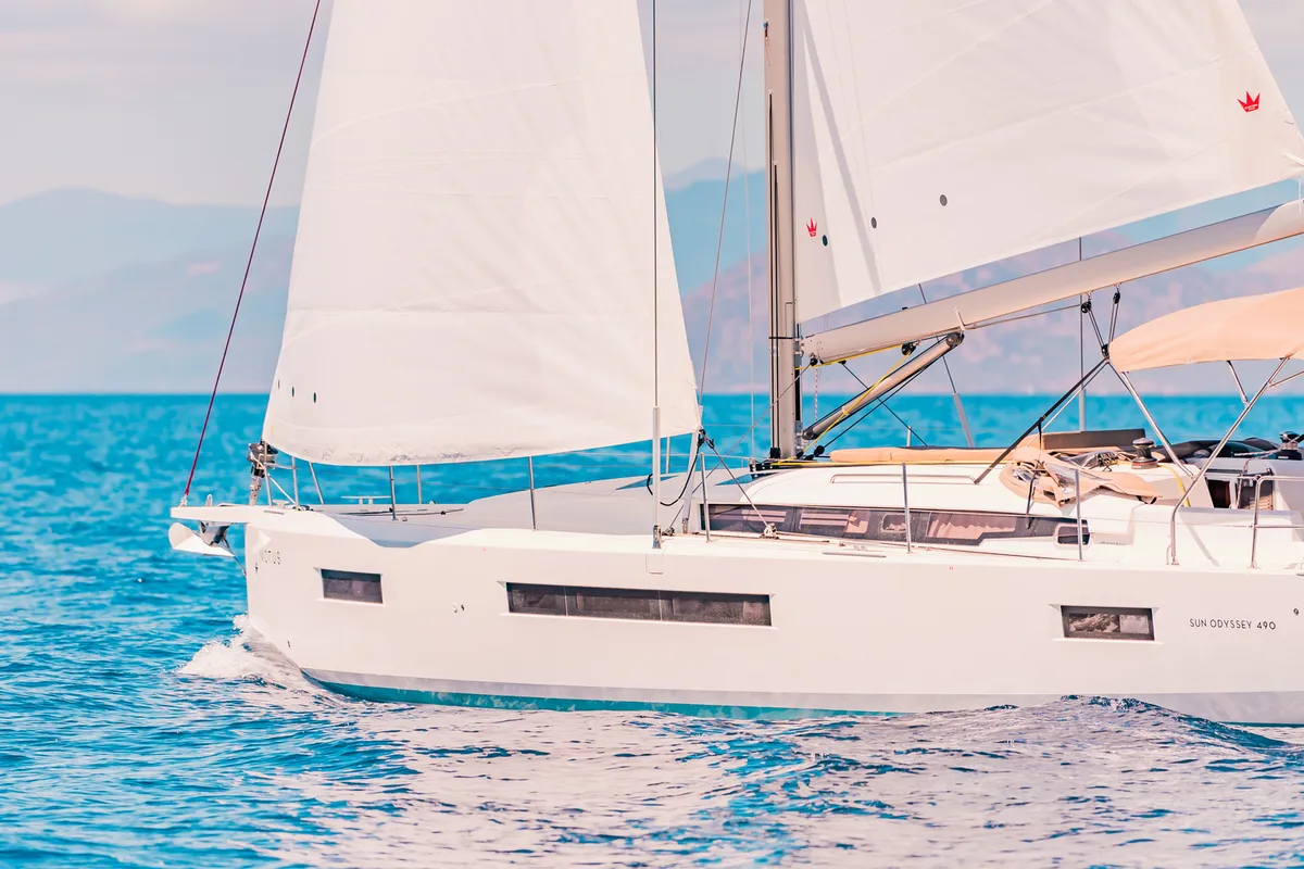 Exterior view of Notus, a Jeanneau Sun Odyssey 490 sailboat at Athens, Greece