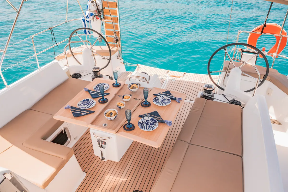 Deck of Notus, a Jeanneau Sun Odyssey 490 sailboat at Athens, Greece