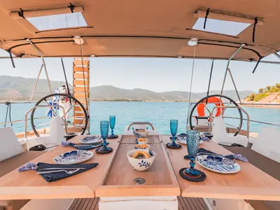Deck of Notus, a Jeanneau Sun Odyssey 490 sailboat at Athens, Greece