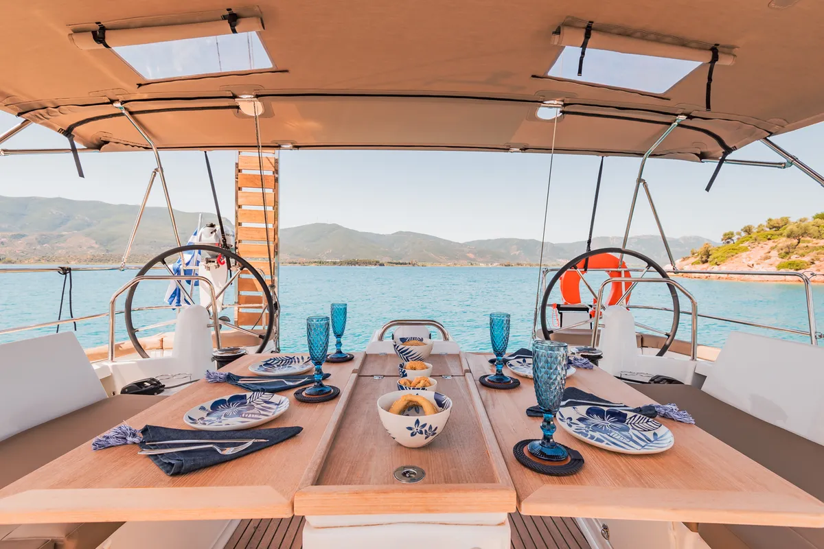Deck of Notus, a Jeanneau Sun Odyssey 490 sailboat at Athens, Greece