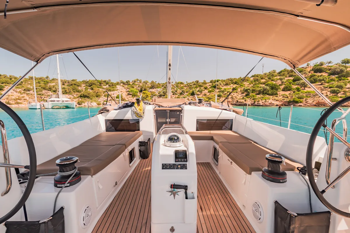Cockpit of Notus, a Jeanneau Sun Odyssey 490 sailboat at Athens, Greece