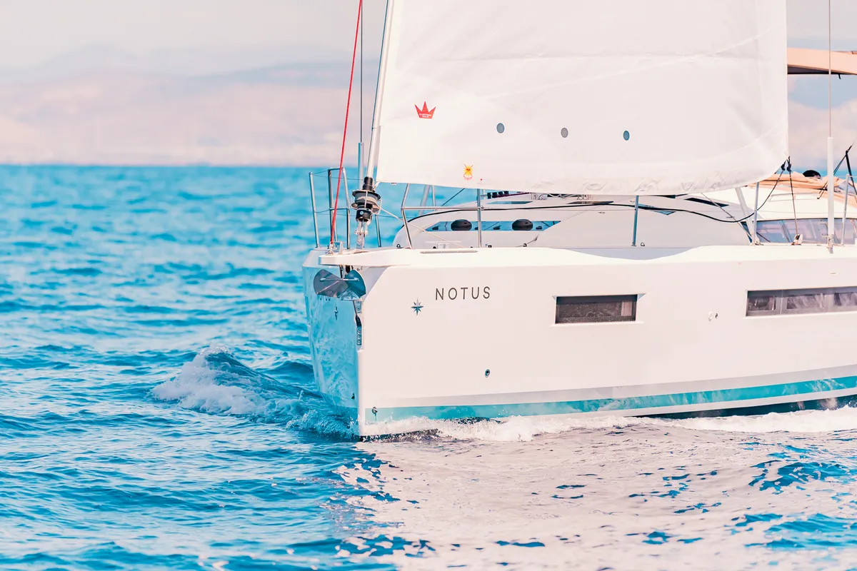 Exterior view of Notus, a Jeanneau Sun Odyssey 490 sailboat at Athens, Greece