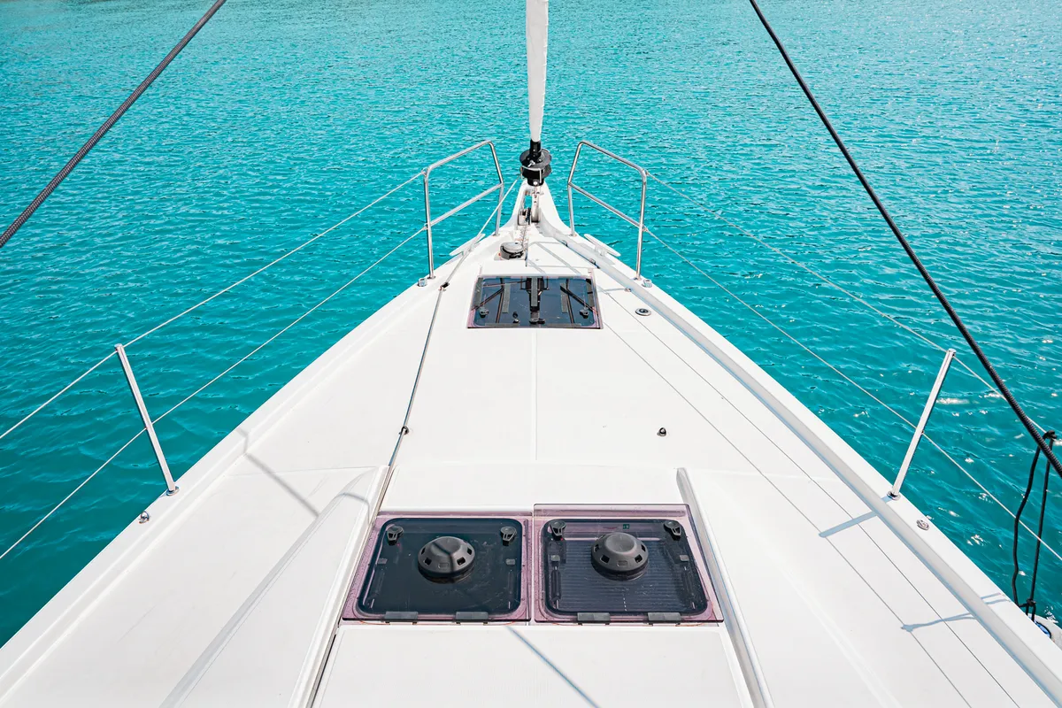 Deck of Notus, a Jeanneau Sun Odyssey 490 sailboat at Athens, Greece