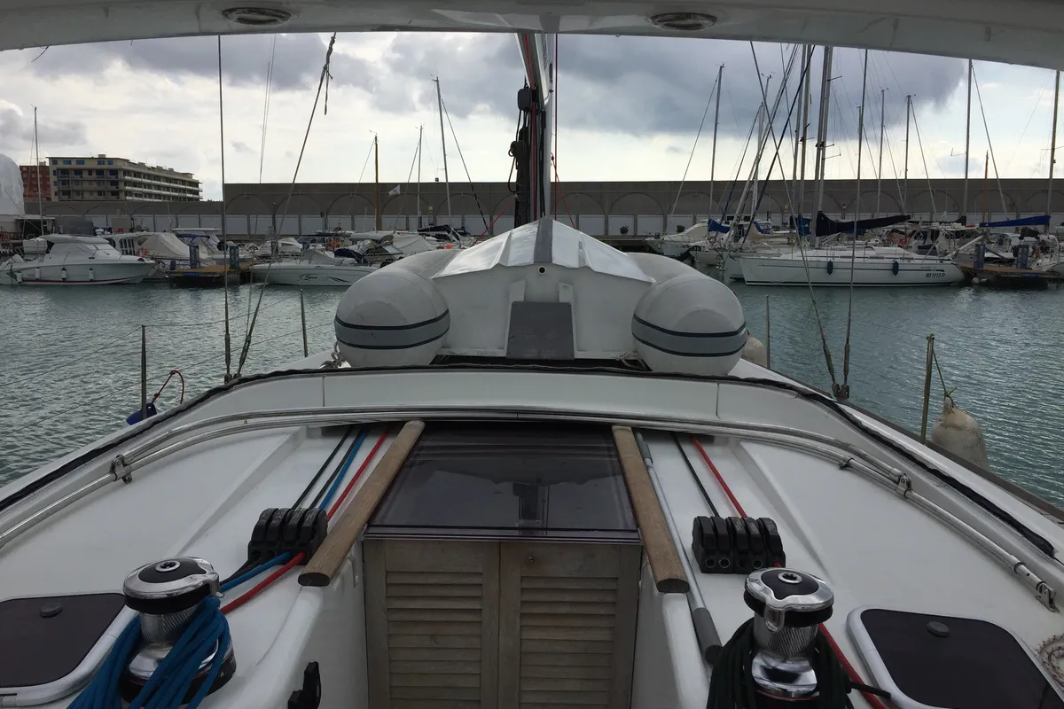 Deck of Kochab II, a Beneteau Oceanis 50 Family sailboat at Olbia, Italy