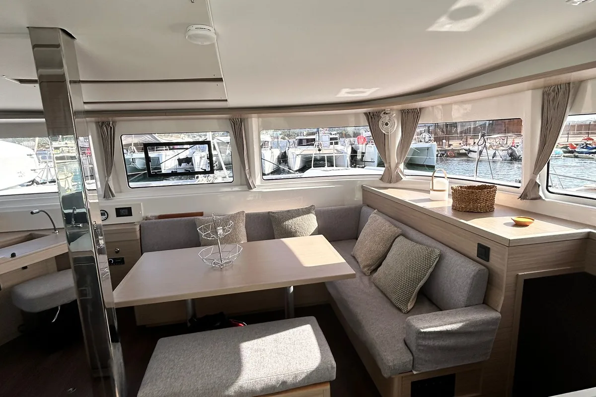 Salon of PEIKEA, a Lagoon 46 catamaran at Sant Antoni de Portmany, Spain