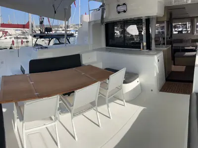 Deck of PEIKEA, a Lagoon 46 catamaran at Sant Antoni de Portmany, Spain
