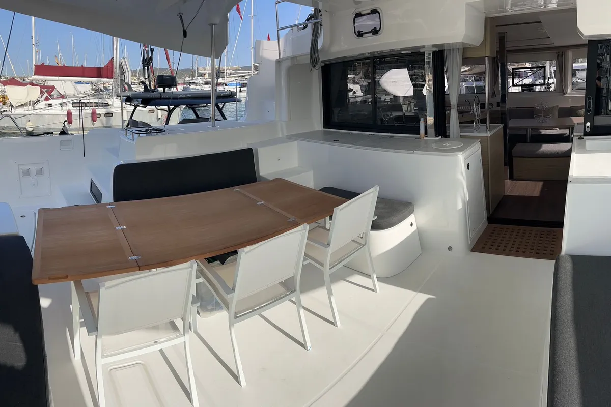 Deck of PEIKEA, a Lagoon 46 catamaran at Sant Antoni de Portmany, Spain