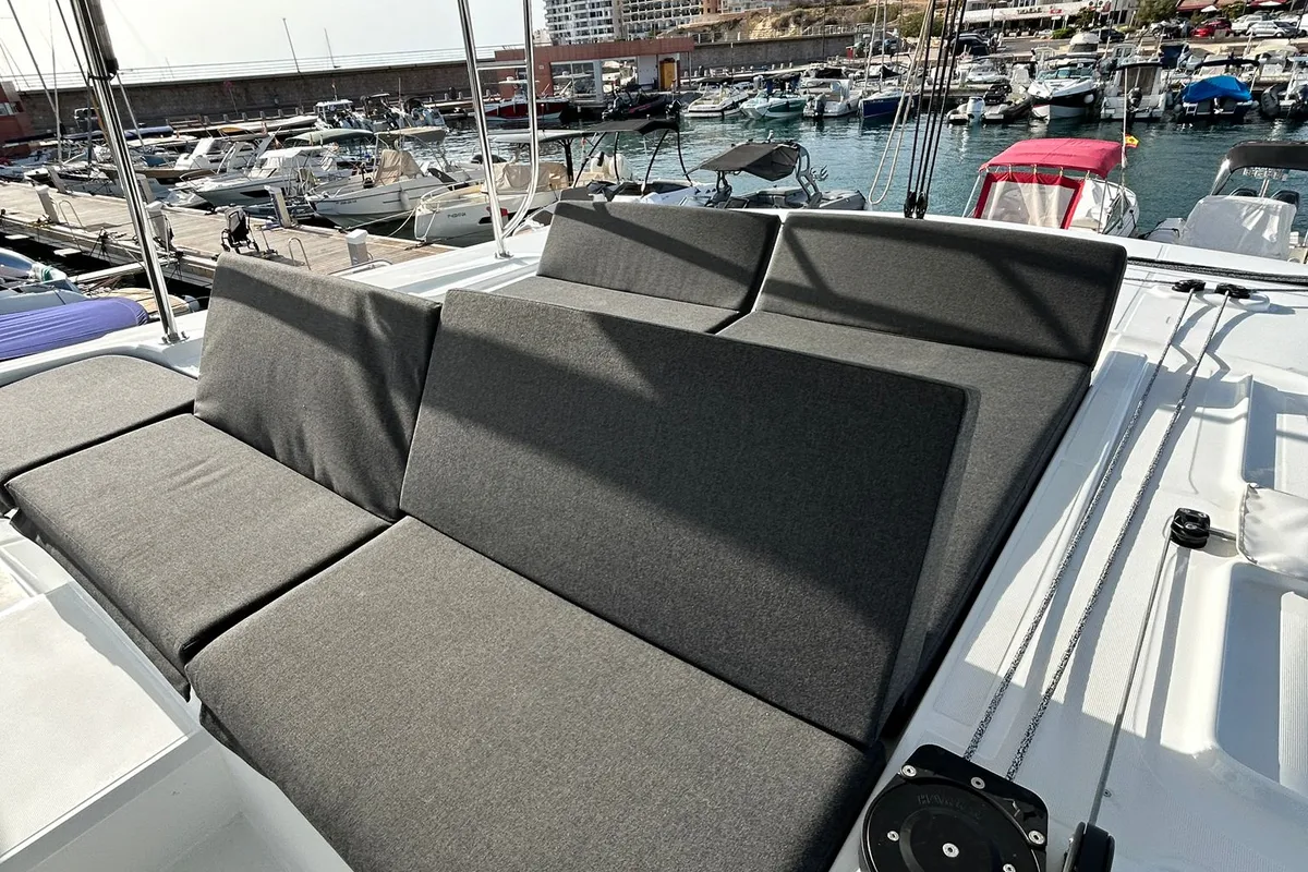 Deck of PEIKEA, a Lagoon 46 catamaran at Sant Antoni de Portmany, Spain