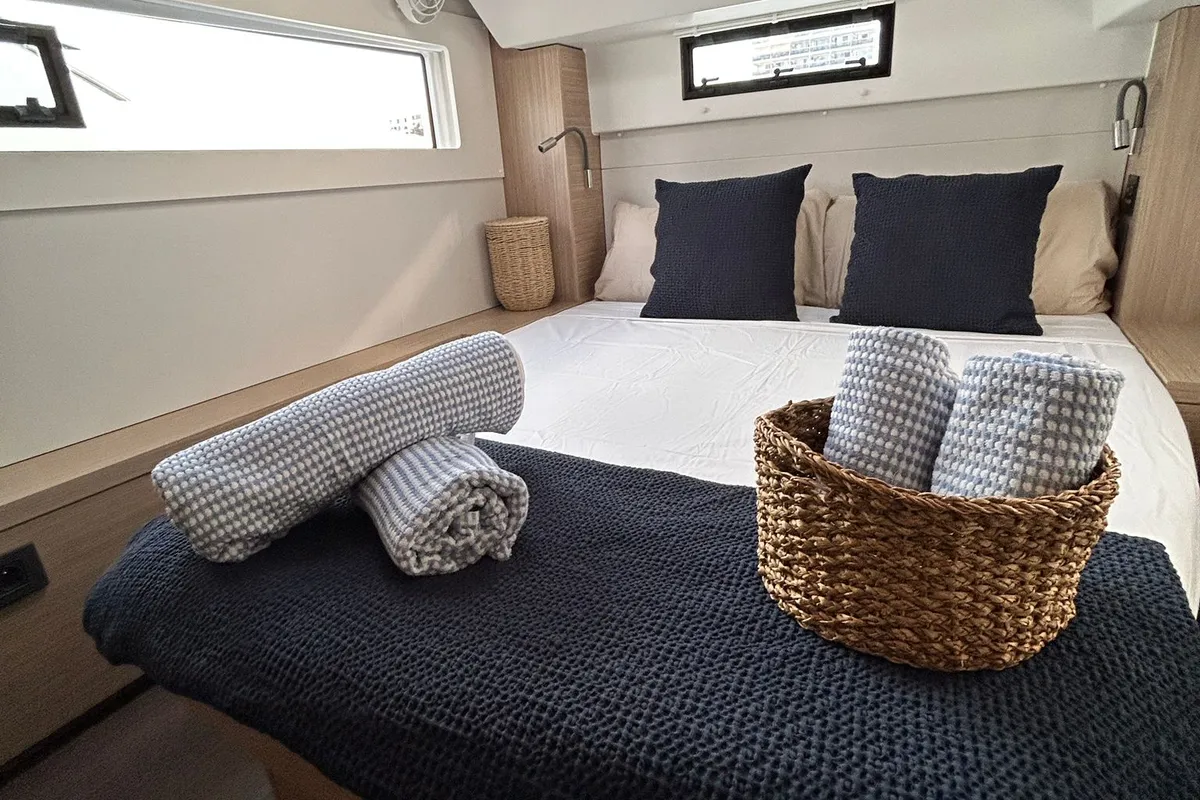 Cabin on PEIKEA, a Lagoon 46 catamaran at Sant Antoni de Portmany, Spain