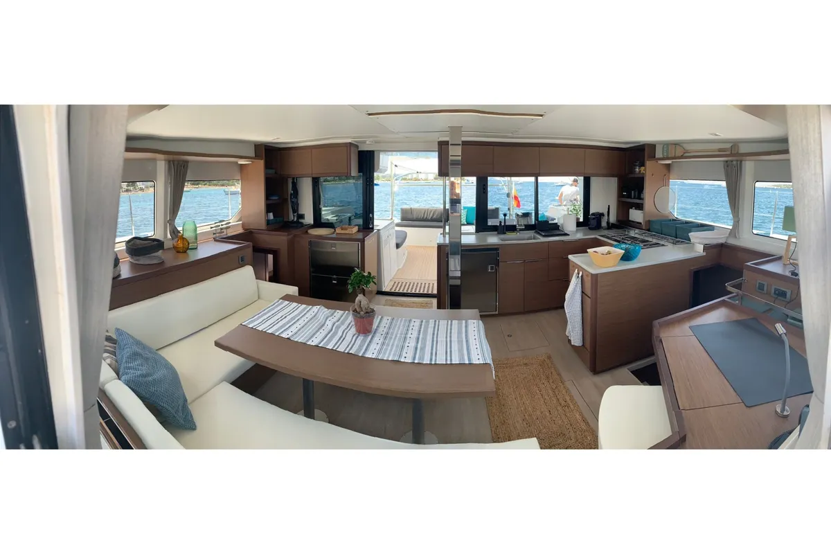 Salon of PEIKEA, a Lagoon 46 catamaran at Sant Antoni de Portmany, Spain