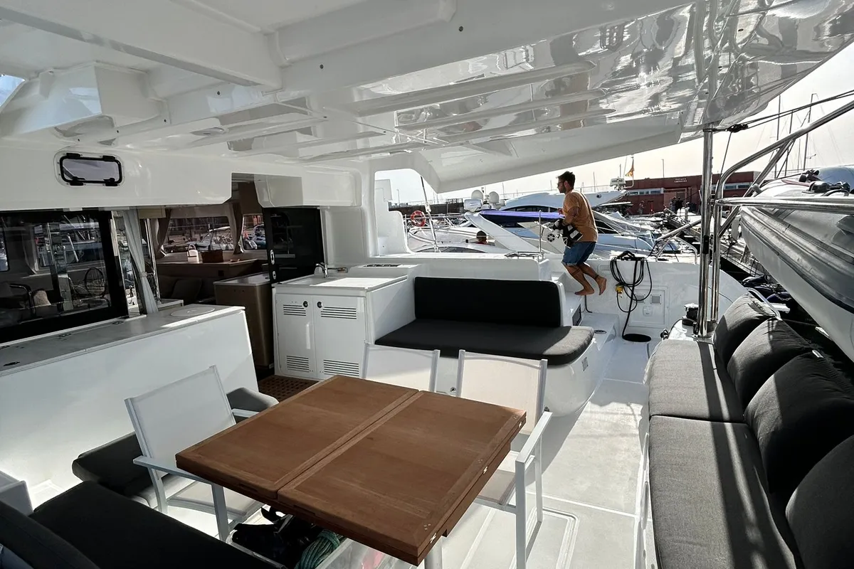 Deck of PEIKEA, a Lagoon 46 catamaran at Sant Antoni de Portmany, Spain