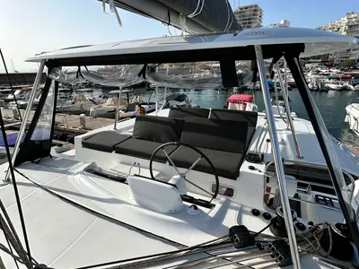 Cockpit of PEIKEA, a Lagoon 46 catamaran at Sant Antoni de Portmany, Spain