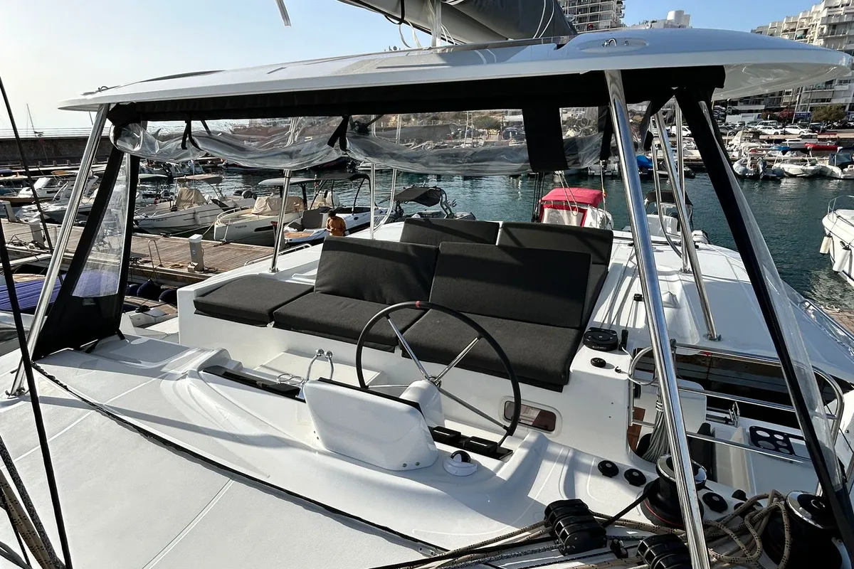 Cockpit of PEIKEA, a Lagoon 46 catamaran at Sant Antoni de Portmany, Spain