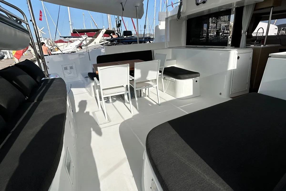Deck of PEIKEA, a Lagoon 46 catamaran at Sant Antoni de Portmany, Spain