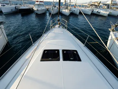 Deck of Astro, a Bavaria Cruiser 46 sailboat at Kos, Greece