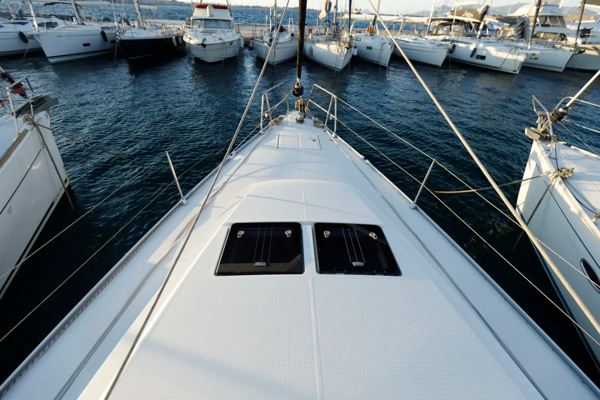 Deck of Astro, a Bavaria Cruiser 46 sailboat at Kos, Greece