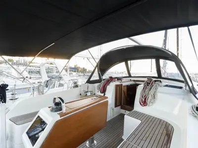 Cockpit of Astro, a Bavaria Cruiser 46 sailboat at Kos, Greece