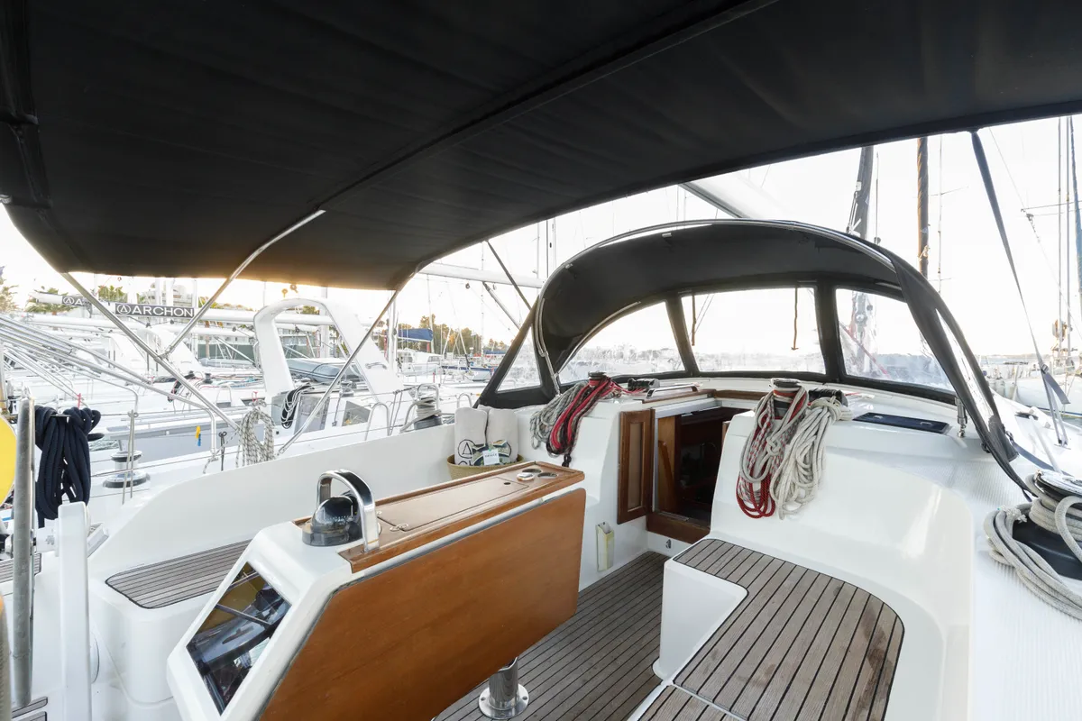 Cockpit of Astro, a Bavaria Cruiser 46 sailboat at Kos, Greece