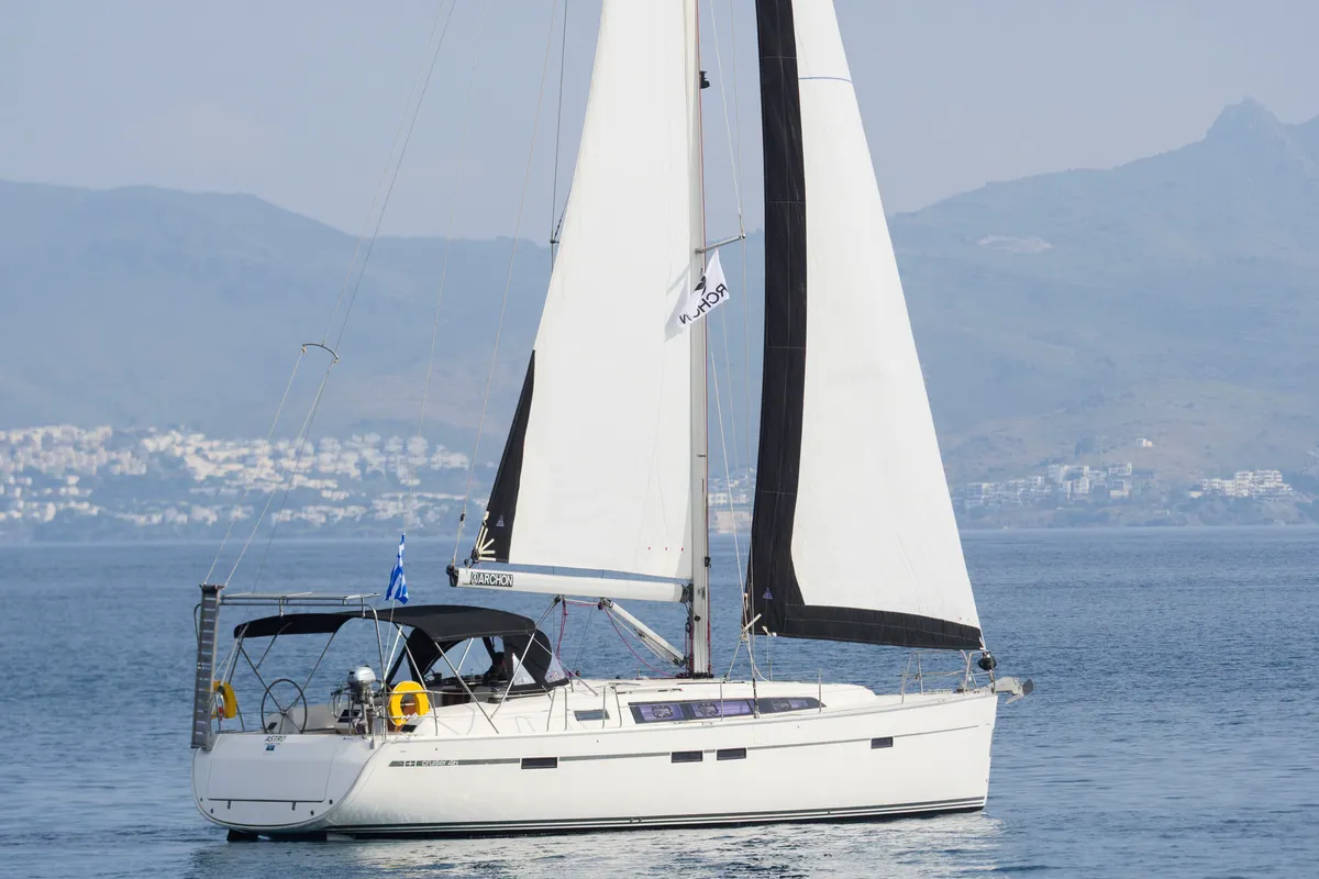 Exterior view of Astro, a Bavaria Cruiser 46 sailboat at Kos, Greece