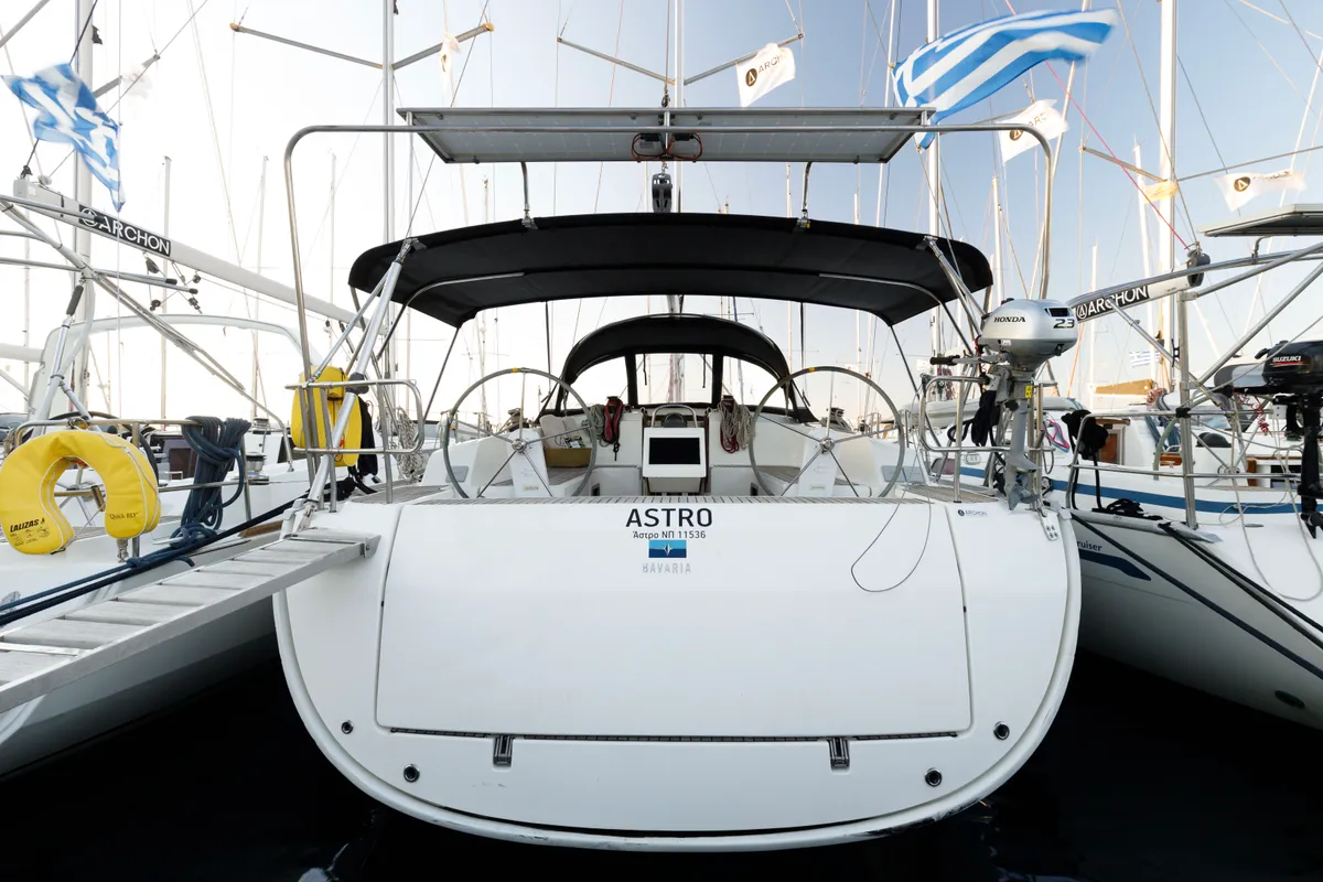 Exterior view of Astro, a Bavaria Cruiser 46 sailboat at Kos, Greece