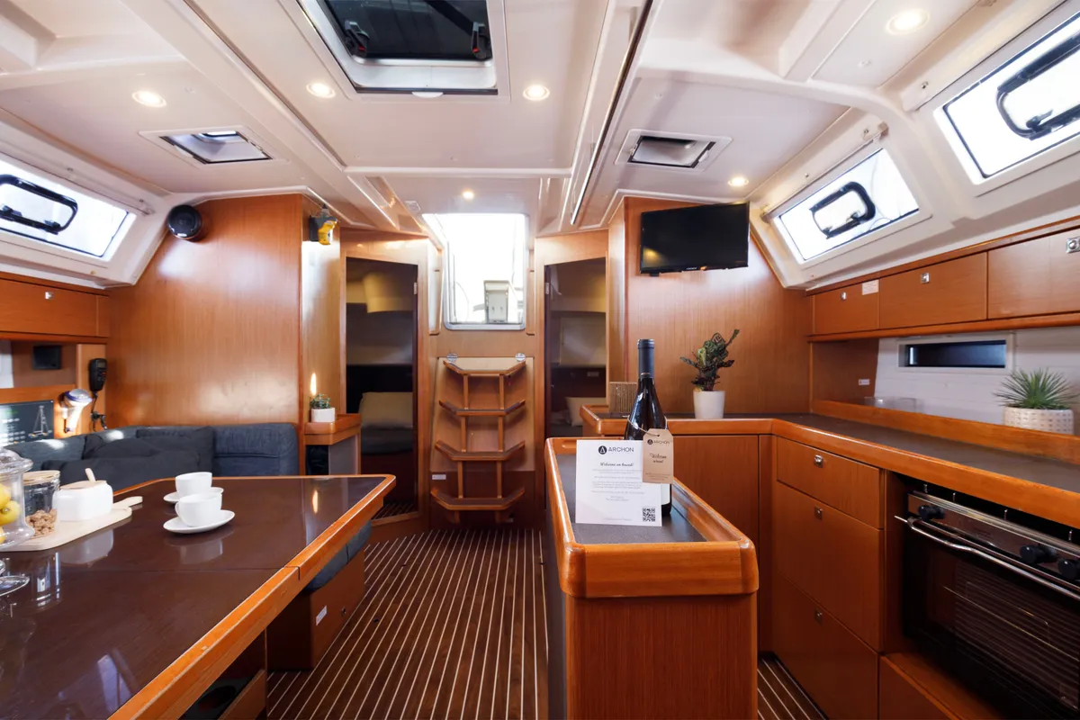 Salon of Astro, a Bavaria Cruiser 46 sailboat at Kos, Greece
