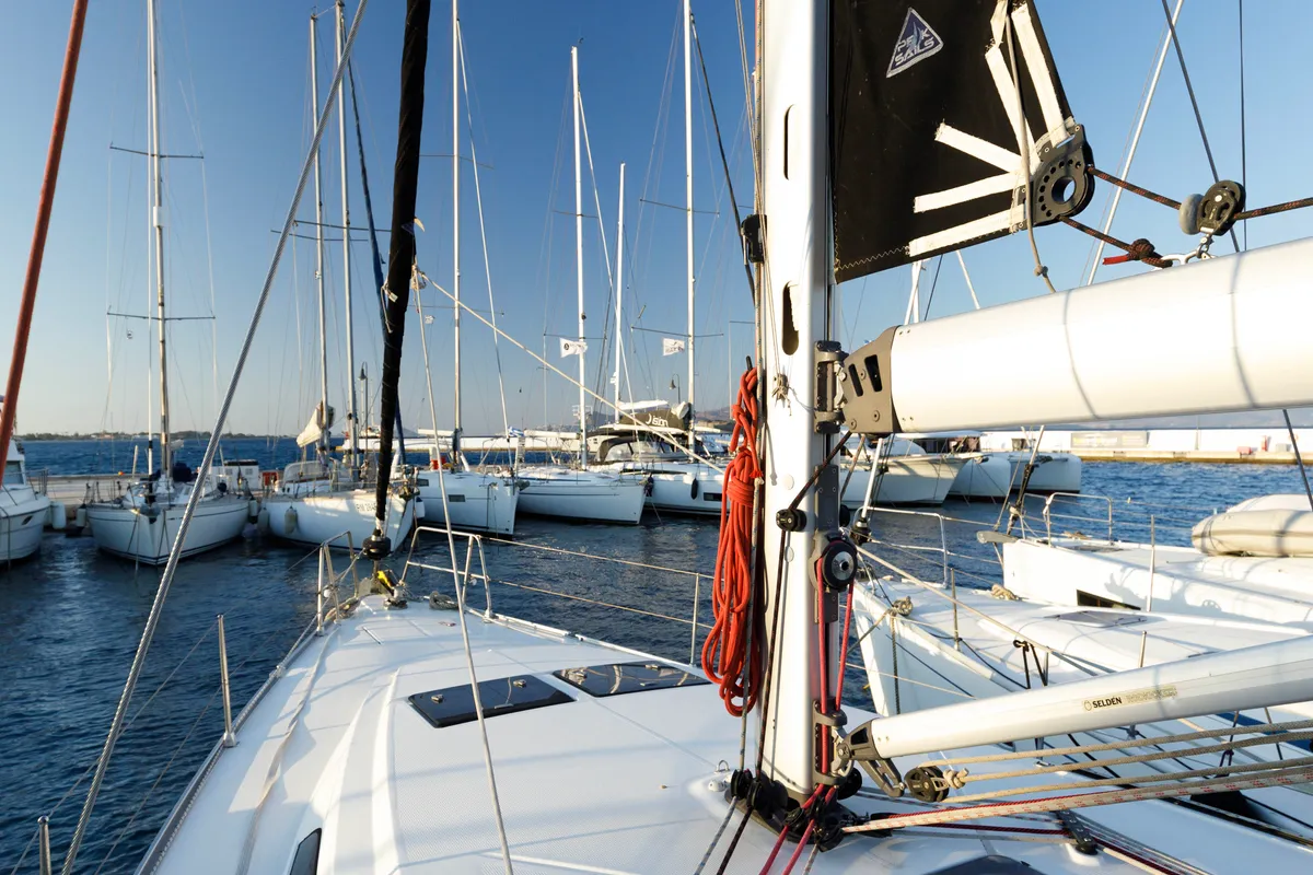 Deck of Astro, a Bavaria Cruiser 46 sailboat at Kos, Greece