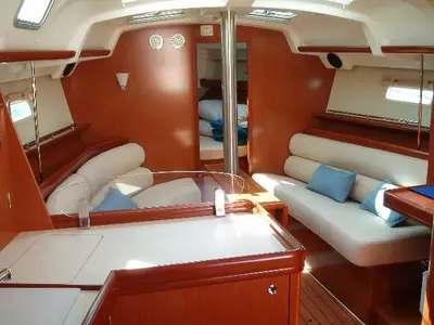 Salon of Naysika, a Beneteau Oceanis 343 sailboat at Kos, Greece