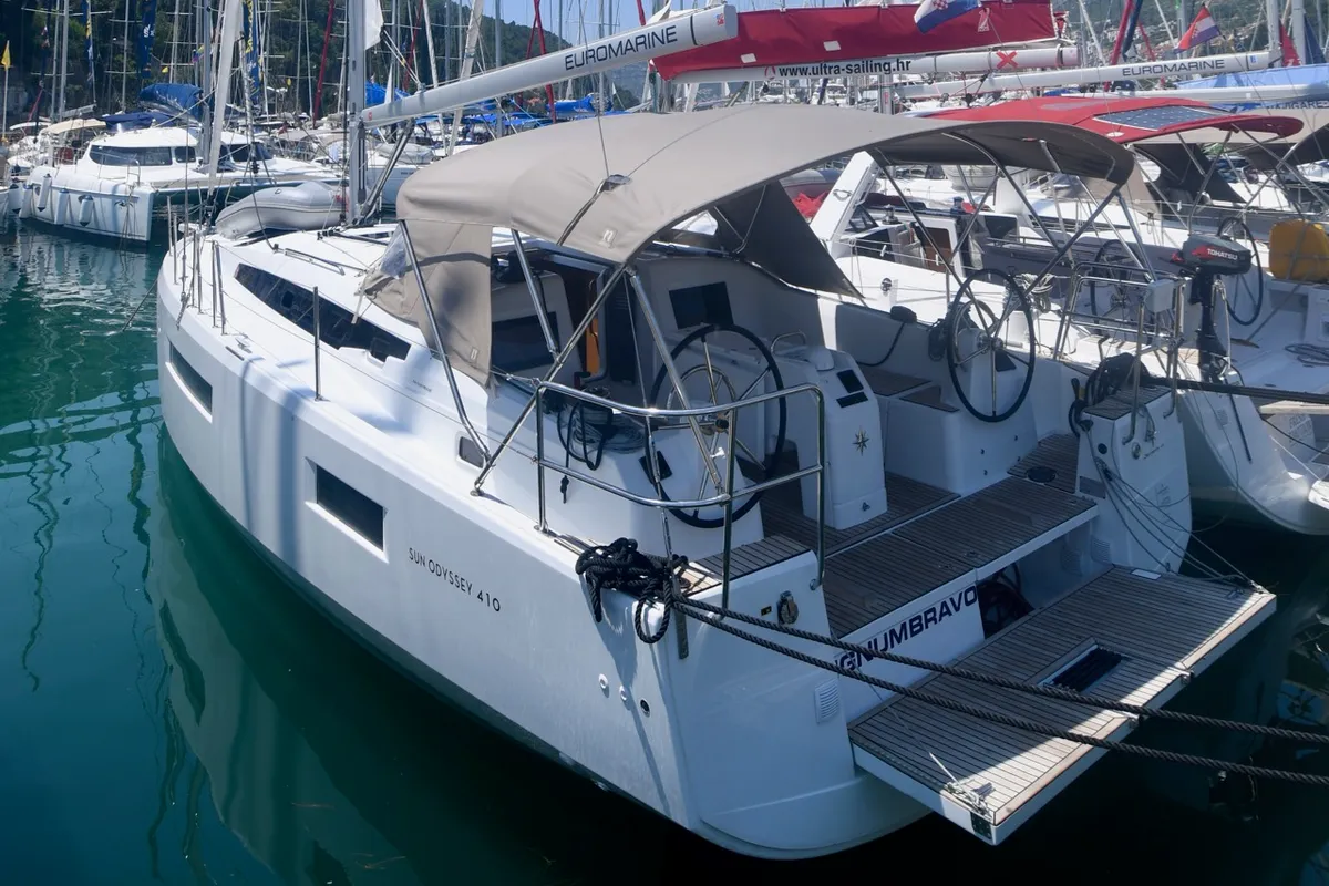 Exterior view of Signum Bravo, a Jeanneau Sun Odyssey 410 sailboat at Dubrovnik, Croatia