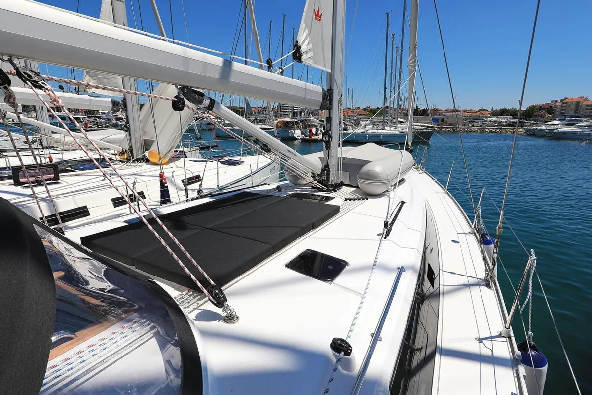 Deck of Cara, a Bavaria Cruiser 46 sailboat at Grad Biograd na Moru, Croatia