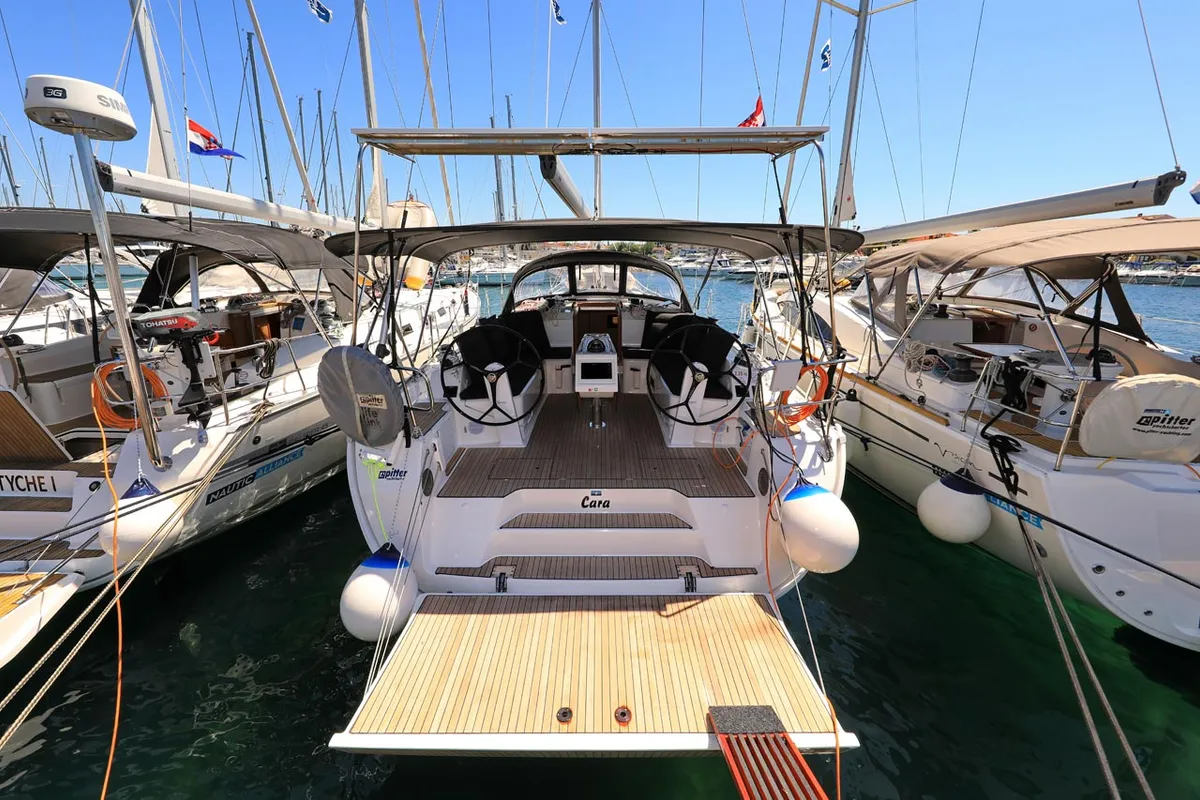 Cockpit of Cara, a Bavaria Cruiser 46 sailboat at Grad Biograd na Moru, Croatia