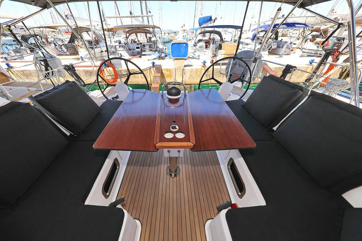 Cockpit of Cara, a Bavaria Cruiser 46 sailboat at Grad Biograd na Moru, Croatia