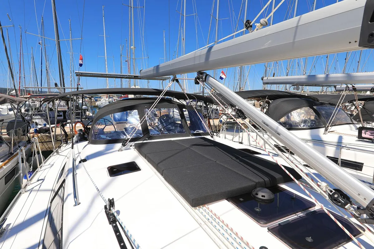 Deck of Cara, a Bavaria Cruiser 46 sailboat at Grad Biograd na Moru, Croatia